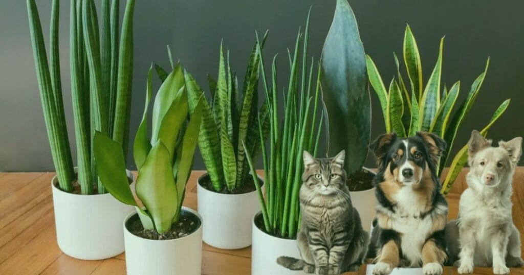 Image of snake plants with cats and dogs, and the image is related to a topic is - "Snake Plants Toxic to Pets"